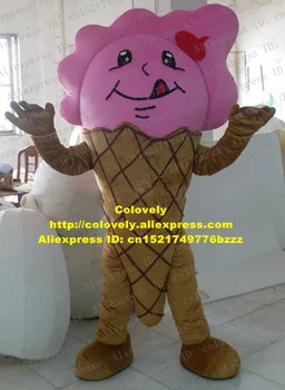 Pink Brun Ice Cream Kegle Gelato Ice-crefeel Ice-cremorning Maskot Kostume Rød Hovedbeklædning Kort Pink Hår, Sorte Øjne Nej 6825