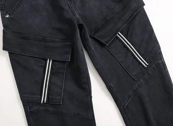 Mænd Hip hop Multi-pocket Cargo Strække Slim fit Jeans Straight Streetwear Motorcykel mandlige Bomuld Fast Casual Denim bukser