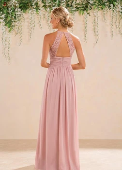 Vestido madrinha 2021 nye chiffon blonder hængende nakken tilbage for en linje blush pink brudepige kjoler lang tid plus size bryllup gæst kjole