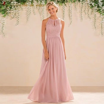 Vestido madrinha 2021 nye chiffon blonder hængende nakken tilbage for en linje blush pink brudepige kjoler lang tid plus size bryllup gæst kjole
