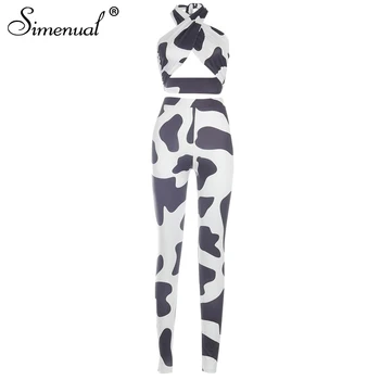 Simenual Ko Print Bodycon Matchende Sæt Til Kvinder Uden Ærmer Sexet Ryg-Halterneck Top Og Pants To Stykke Tøj Mode Clubwear
