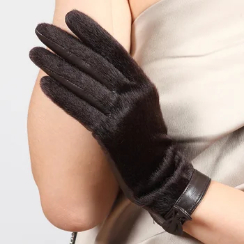 2020 Ny Ægte Læder Handsker Kvindelige Vinter Varm Blød Foret Mode Pels Sløjfeknude Kvinder Lammeskind Læder Handsker L152NC-1