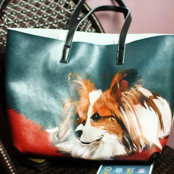 Stort Sæt Bag Maleriet Hvalp Hund Shopper Casual Dame Saffiano Læder Indkøbspose Kvinder Cow Leather Shoulder Taske Mode A310