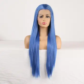 RONGDUOYI Lange Silkebløde Lige Syntetiske Lace Front Wig Høj Temperatur Blå Hair Lace Parykker til Kvinder Gratis Del Cosplay Parykker
