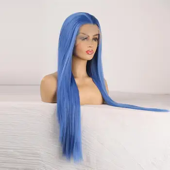 RONGDUOYI Lange Silkebløde Lige Syntetiske Lace Front Wig Høj Temperatur Blå Hair Lace Parykker til Kvinder Gratis Del Cosplay Parykker