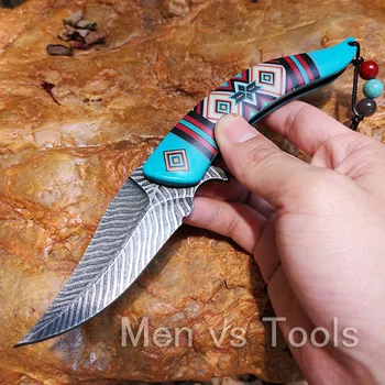 Native Kniv Taktiske Folde Pocket Knive Damaskus Stil Fjer Blade Overlevelse Redde Kniv Samling Værktøjer