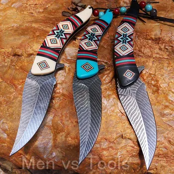 Native Kniv Taktiske Folde Pocket Knive Damaskus Stil Fjer Blade Overlevelse Redde Kniv Samling Værktøjer