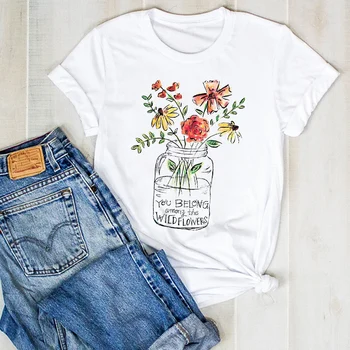 Kvinder Lady Blomst Akvarel Blomst Blomster Print Damer Sommer T-Tee t-shirt til Kvinder Female Top Shirt Tøj Grafisk T-shirt