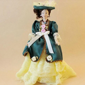 1:12 Dukkehus Smukke Miniature Porcelæn Dukker Victorianske Dame Grøn Kjole Miss Lady