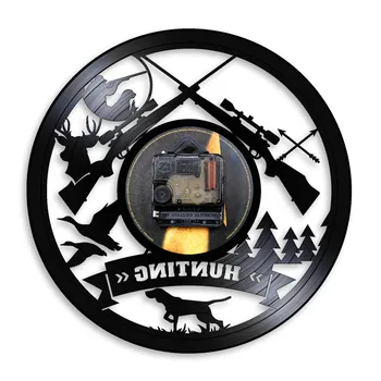 Jagt Logo Riffel Pistol Tegn Vægur Animalske Jagt Eventyr Vinylplade Vægur Ørkenen Tribal Wall Decor Hunter Gave