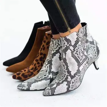 NIS Kvinder Suede Ankle Boot Midten af Stiletto Hæl Side Zip Spidse Tå Fest Arbejde Udendørs Sko Fine Hæl Leopard Udskrive Fashion