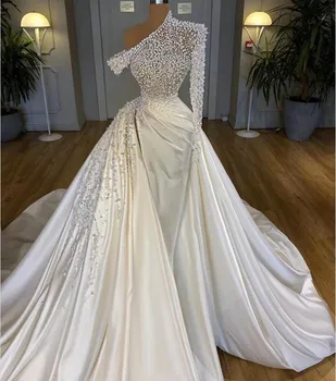 Dubai Perler Mermaid Brudekjoler Den Ene Skulder Crystal Beaded Brude Kjoler Med Aftagelig Tog Vintage Split Brudekjole