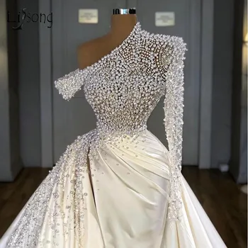 Dubai Perler Mermaid Brudekjoler Den Ene Skulder Crystal Beaded Brude Kjoler Med Aftagelig Tog Vintage Split Brudekjole