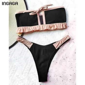 INGAGA Bandeau Bikini Kvinders Badetøj Flæsekanter Biquini Sexet Skåret Ud Badetøj g-streng High Cut badetøj 2021 Sort Badetøj