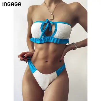 INGAGA Bandeau Bikini Kvinders Badetøj Flæsekanter Biquini Sexet Skåret Ud Badetøj g-streng High Cut badetøj 2021 Sort Badetøj