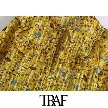 TRAF Kvinder Chic Mode Blomster Print Pjusket Midi Kjole Vintage Bundet V Hals Med Foring Kvindelige Kjoler Vestidos Mujer