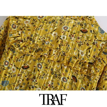 TRAF Kvinder Chic Mode Blomster Print Pjusket Midi Kjole Vintage Bundet V Hals Med Foring Kvindelige Kjoler Vestidos Mujer