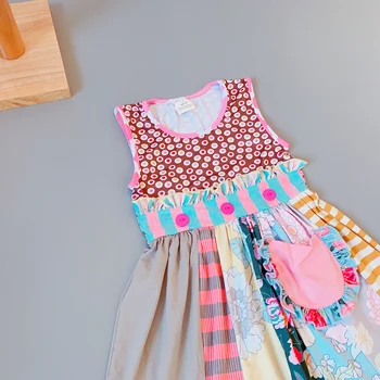 Nyt design Sommer Børn Bomuld pink polka dot blomstret mønster blonder kjole Mørk hvirvel kjole med linning