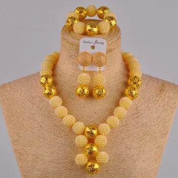 Beige simuleret pearl guld afrikanske smykker sæt nigerianske bryllup perler kostume halskæde FZZ30-06