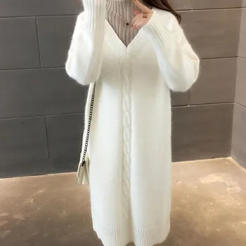 Kvinders Sweater Mode 2020 Tyk mid-længde strikket falske to-delt kjole halvdelen høj hals pullover bunden sweater