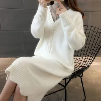 Kvinders Sweater Mode 2020 Tyk mid-længde strikket falske to-delt kjole halvdelen høj hals pullover bunden sweater