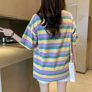 Rainbow stripe kvinder T-shirts 2020 Summer Harajuku-T-Shirt koreanske Toppe Kawaii Streetwear Camiseta Mujer L0728