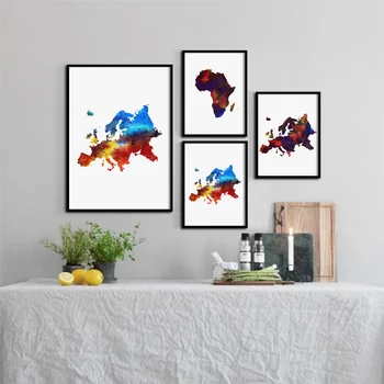 Akvarel Afrika Europa verdenskort Moderne Væg Kunst, Lærred Maleri Nordiske Plakater Og Prints Væggen Billedet for at Stue Indretning