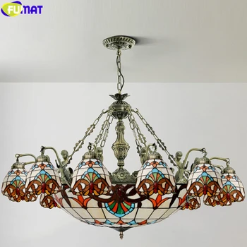 FUMAT Tiffany Barok Stil med Lysekroner Multi Hoveder Farvet Glas Hængende lampe, Havfruer Frame Hus, Indretning, Kunst LED-Lamper
