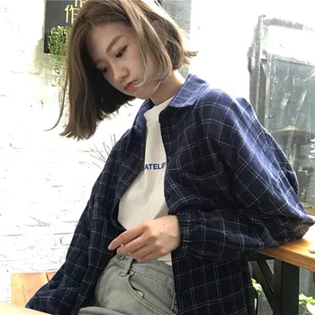 Efteråret Harajuku Ternet Bluse Shirts Kvinder Casual Løs Retro Turn-down Krave langærmet Skjorte Studerende Streetwear Fritid Toppe