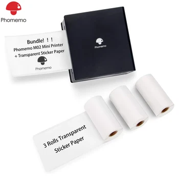 Phomemo M02 Mini Mobile Printer Bluetooth Termisk Foto Printer med 3 Ruller Gennemsigtigt Klistermærke Papir for Kunst Skabelse Arbejde