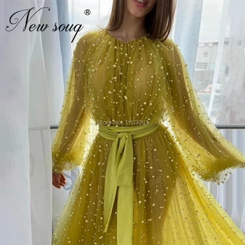 Arabisk Couture Perler Gul Aften Kjoler 2020 Vestido De Festa Brugerdefinerede Lang Split Side Prom Kjoler Kaftans Islamiske Parti Kjole