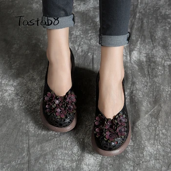 Tastabo 2019 damer hul Simple casual sko til damer daglige sko Komfortabel foring Håndlavede blomster øverste Lavvandede munden sko