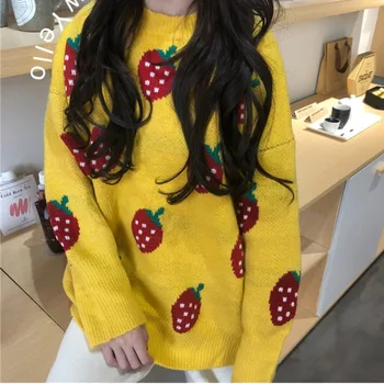 2019 Efteråret Nye Koreanske Kvinder, Søde Jordbær Strikke Jacquard Væve Løs Pullover Rund Hals Pullover Sweater Med Lange Ærmer