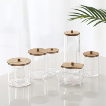 Akryl, træ-opbevaringsboks Gennemsigtig bambus dækker Desktop opbevaring Arrangør for køkken stue Små Storage container