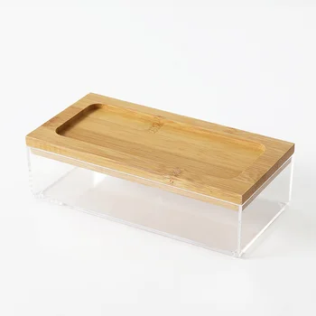 Akryl, træ-opbevaringsboks Gennemsigtig bambus dækker Desktop opbevaring Arrangør for køkken stue Små Storage container