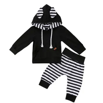Nyfødt Baby, Piger, Børn Øre Hætteklædte Toppe, T-Shirt+Lange Stribede Bukser Outfits Sæt Træningsdragt Baby Tøj