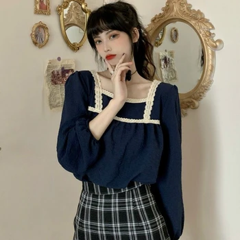 Skjorter Kvinder Koreansk Stil Firkantet Krave Fransk Bluser Puff Ærmer Damer Blusa Løs Afslappet Plus Size Sød Mode Femme Toppe