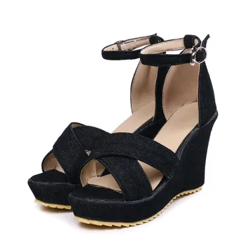 2019 nye ankommer kvinder sandaler mode, denim afslappet sommer sko enkel spænde 10cm komfortable wedges sko kvinde sort blå 39