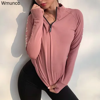 Wmuncc Sport Jakke Kvinder Yoga Top Lynlås Lange Ærmer Med Tommelfinger Huller Trænings-Og Motionscenter Shirt Hurtig Tør Åndbar Sportstøj Femme