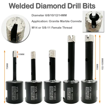 DT-DIATOOL 2 stk/sæt Diamant-Våd Svejset Boring Core Bits M14 Gevind Solid Segmenter Bore Hul Så for Granit dia 10+14mm