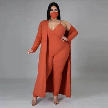 Plus Size Clothing 3 Piece Outfits for Women Stretch Ribbed V Neck Jumpsuits Long Coat Jogging Suits 2021 Wholesale Dropshipping