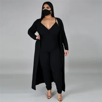 Plus Size Clothing 3 Piece Outfits for Women Stretch Ribbed V Neck Jumpsuits Long Coat Jogging Suits 2021 Wholesale Dropshipping