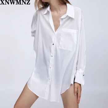 XNWMNZ za Kvinder 2020 Mode Side Med Knapper Løs Asymmetrisk Bluser Vintage Lange Ærmer, Lommer Kvindelige Skjorter Smarte Toppe