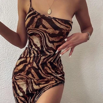 Nye Hugcitar leopard print uden ærmer sexet Ene Skulder midi kjole foråret kvinder fashion streetwear Christmas party outfits