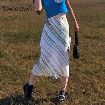 Sweetown Sweety Piger' Plaid Tie Dye Midi-Nederdel Kvinde Preppy Stil Søde Kawaii Tøj, Høj Talje Y2K Mode 90'erne Boho Nederdel