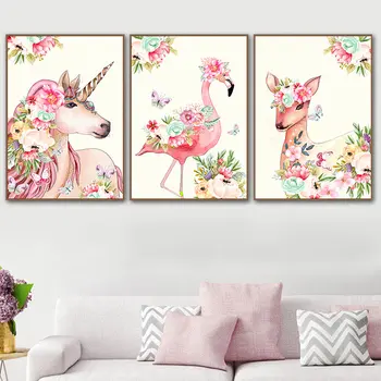 Skandinavisk Stil Unicorn Flamingo med Blomst Lærred Væg Kunst Prints Dyr Plakater Male Billeder til stuen Indre