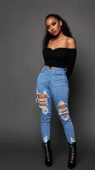 Ripped Jeans Mid-Talje Denim Bukser Damer Sexet Casual Ultra Elastisk Slidte Jeans Mode Denim Bukser Blyant Skinny Jeans