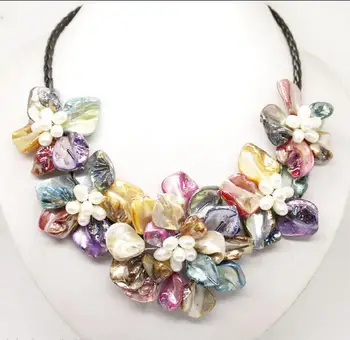 New Style >>>>>Fantastisk Flerfarvet Freshwater Pearl Sea Shell Blomst Læder Halskæde 18