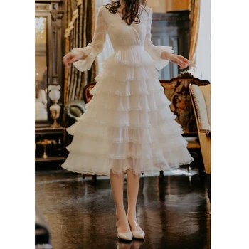 YAMDI sexet boho midi-kage kjole kjoler kvinder vintage-solid hvid lang flare ærmet 2020 a-linje elegant bane sommerfest robe