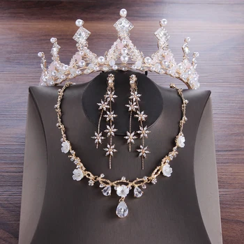 Barok Retro Guld Krystal Perle Brude Smykker Sæt-Halskæde, Øreringe Rhinestone Tiaras Crown Bryllup Afrikanske Perler Smykke Sæt